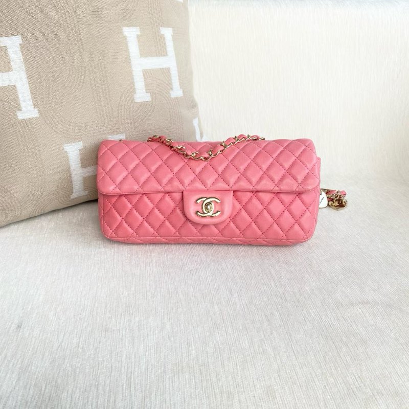 Chanel 橫版CF愛心吊墜鏈條包 粉色金扣 羊皮 25*12*5 98新配件塵袋-4