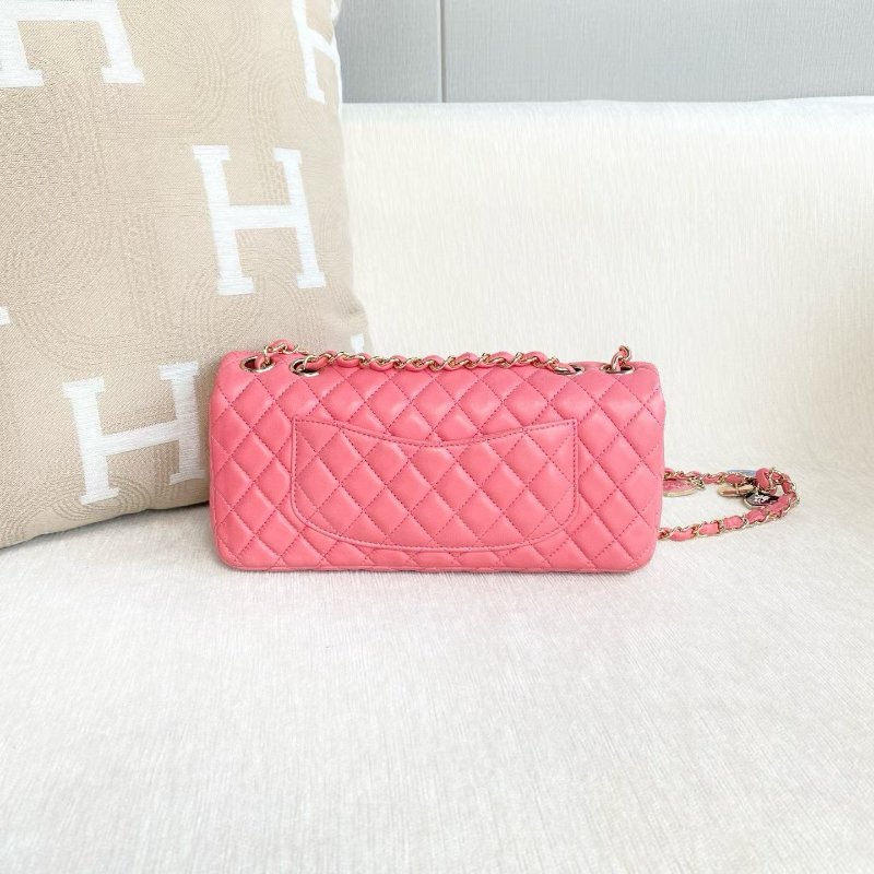 Chanel 橫版CF愛心吊墜鏈條包 粉色金扣 羊皮 25*12*5 98新配件塵袋-5