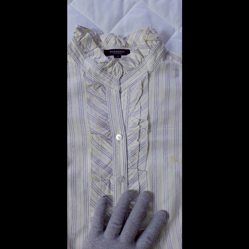 BURBERRY 博柏利 LONDON 戰馬 女條紋荷葉領短袖襯衫46號-2