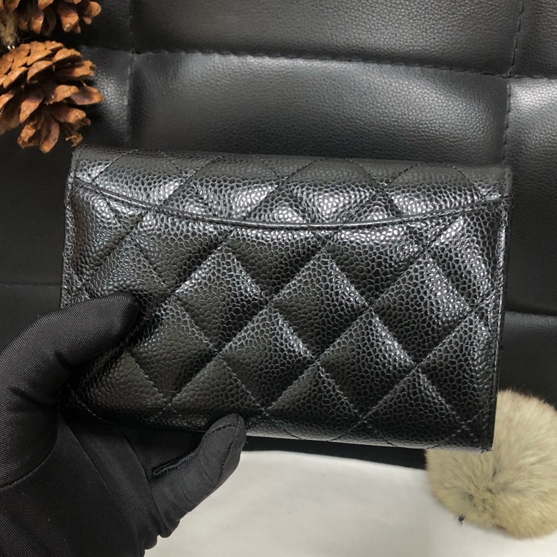 Chanel 香奈兒 黑金荔枝牛皮三折長款錢包 經典菱格紋 金色雙C扣 卡位多 芯片款-1
