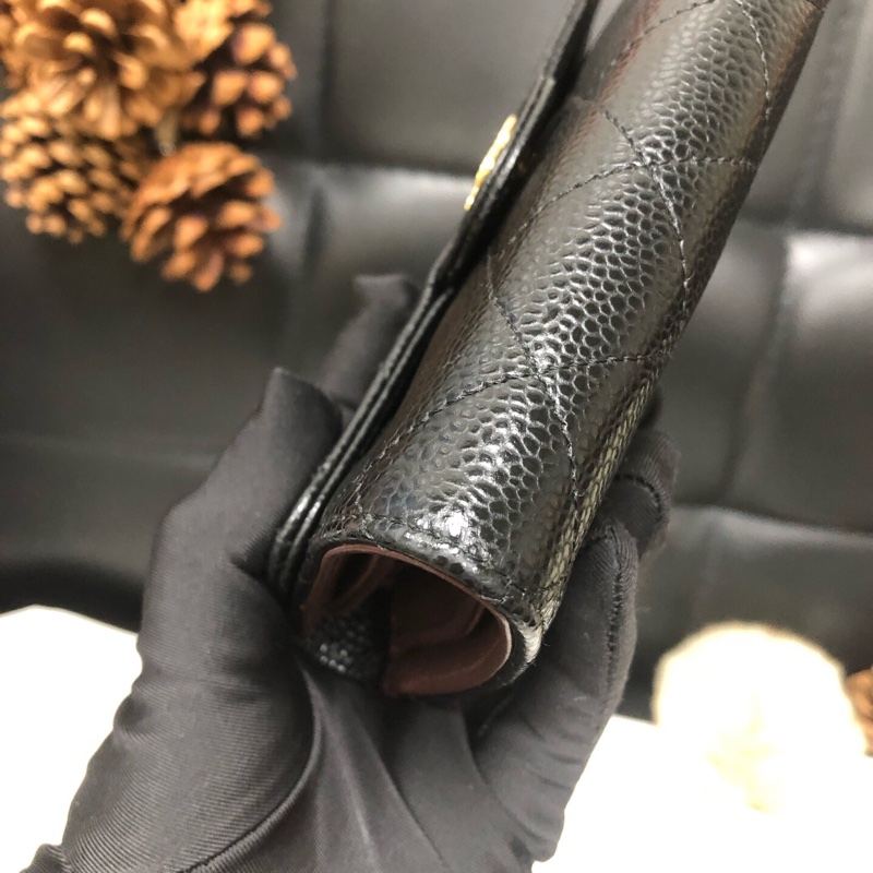 Chanel 香奈兒 黑金荔枝牛皮三折長款錢包 經典菱格紋 金色雙C扣 卡位多 芯片款-4