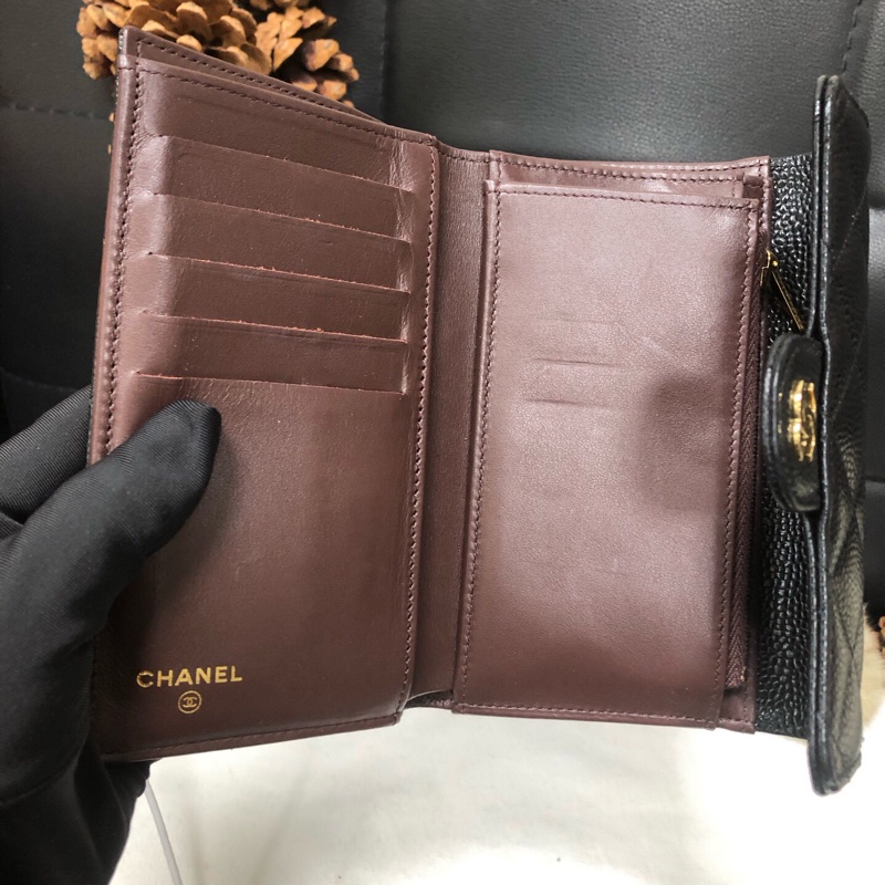 Chanel 香奈兒 黑金荔枝牛皮三折長款錢包 經典菱格紋 金色雙C扣 卡位多 芯片款-5