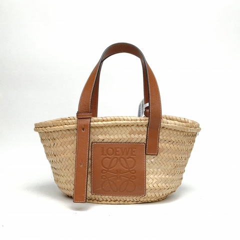 LOEWE Basket棕櫚葉草編籃子手袋小號焦糖色