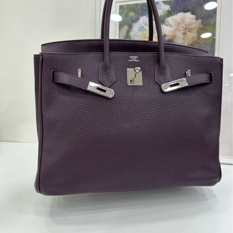 Hermes愛馬仕 birkin35葡萄紫銀扣togo皮 框M刻 缺鎖具-5