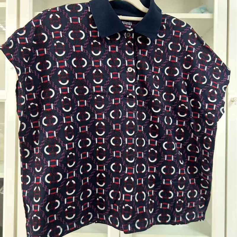 HERMES 愛馬仕 圖案滿印 Polo 領短袖,藍色,38碼 成色很好,法國製造,100%棉-1