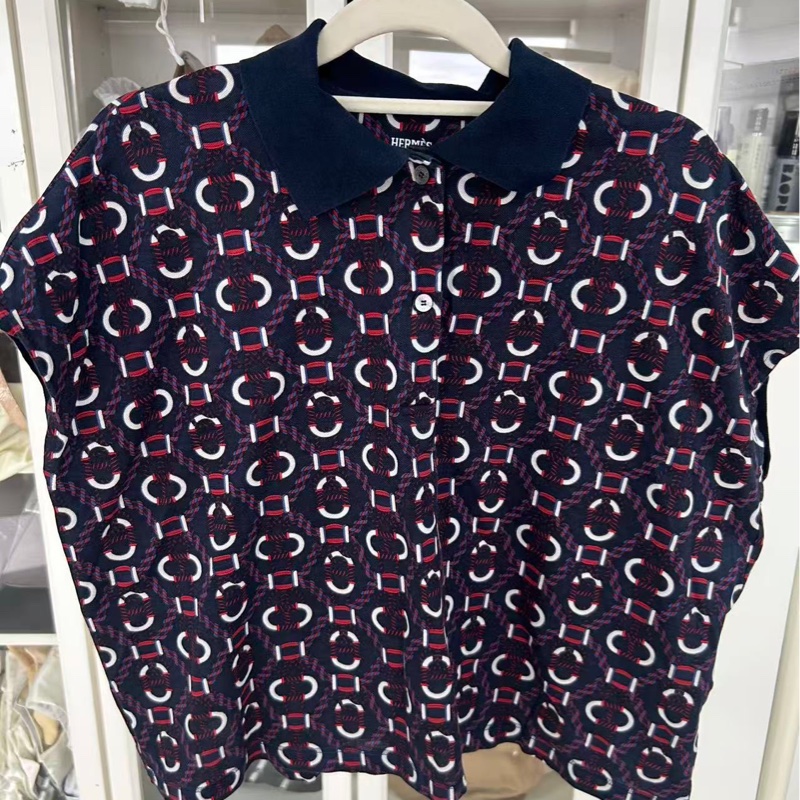 HERMES 愛馬仕 圖案滿印 Polo 領短袖,藍色,38碼 成色很好,法國製造,100%棉-6