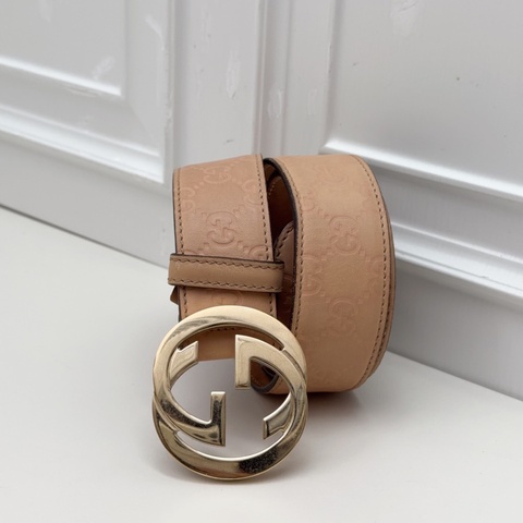 Gucci古馳 雙G金扣裸粉色壓花腰帶 85碼