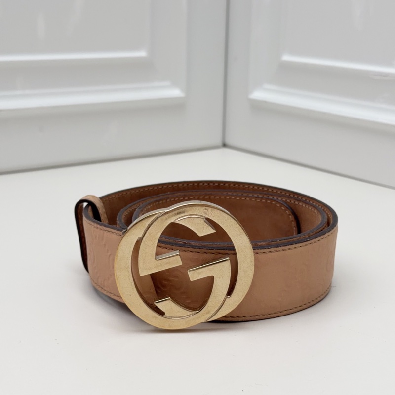 Gucci古馳 雙G金扣裸粉色壓花腰帶 85碼-1