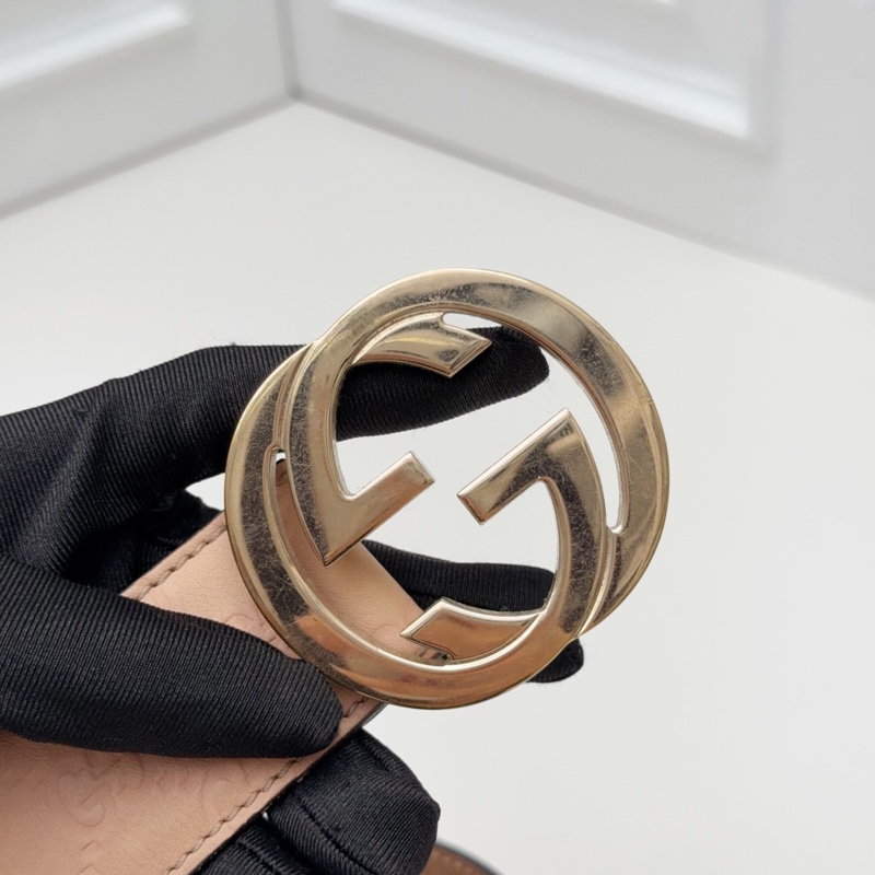 Gucci古馳 雙G金扣裸粉色壓花腰帶 85碼-2