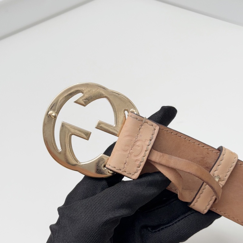 Gucci古馳 雙G金扣裸粉色壓花腰帶 85碼-3
