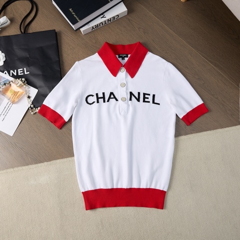 CHANEL 紅白撞色Polo針織上衣