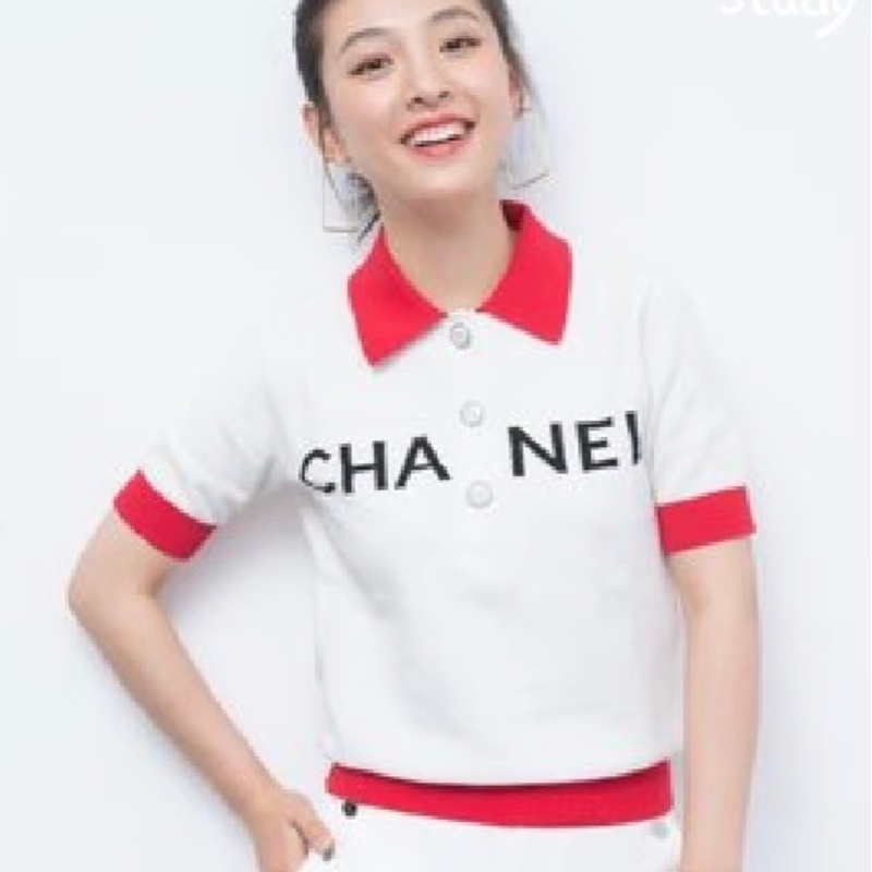 CHANEL 紅白撞色Polo針織上衣-2