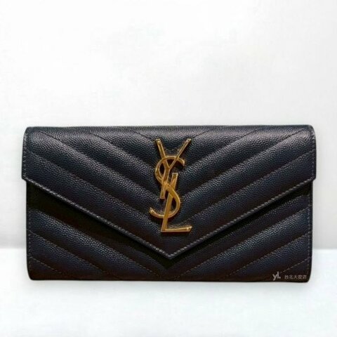 A12973-YSL 深藍金釦山形紋荔紋牛皮信封長夾372264