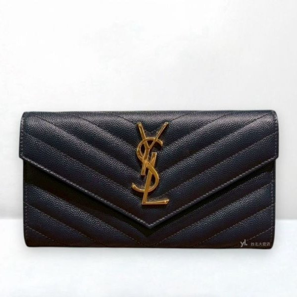 A12973-YSL 深藍金釦山形紋荔紋牛皮信封長夾372264-0