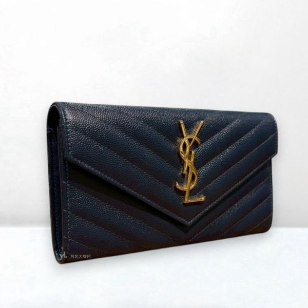 A12973-YSL 深藍金釦山形紋荔紋牛皮信封長夾372264-1
