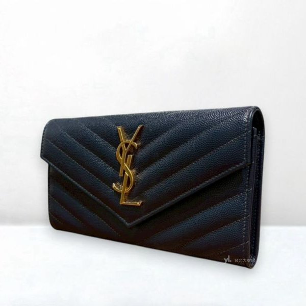 A12973-YSL 深藍金釦山形紋荔紋牛皮信封長夾372264-2