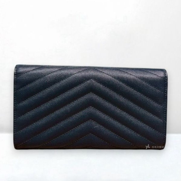 A12973-YSL 深藍金釦山形紋荔紋牛皮信封長夾372264-3