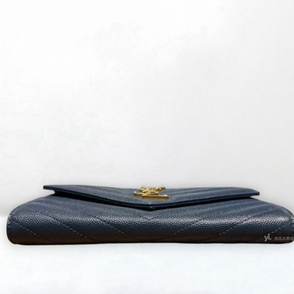 A12973-YSL 深藍金釦山形紋荔紋牛皮信封長夾372264-4