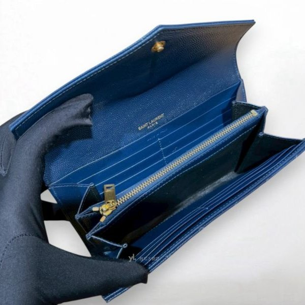 A12973-YSL 深藍金釦山形紋荔紋牛皮信封長夾372264-6