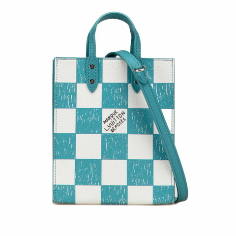 路易威登 Damier 棋盤格紋 Sac Plat XS 手提包/單肩包/2WAY N60495 綠松石/白色皮革 女士 LOUIS VUITTON