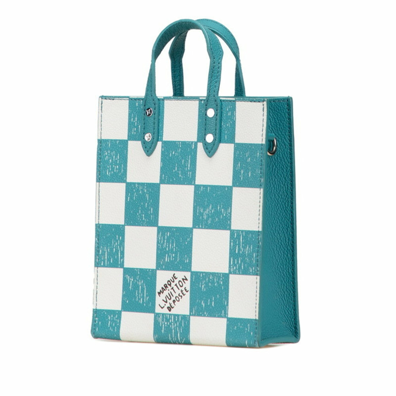 路易威登 Damier 棋盤格紋 Sac Plat XS 手提包/單肩包/2WAY N60495 綠松石/白色皮革 女士 LOUIS VUITTON-1