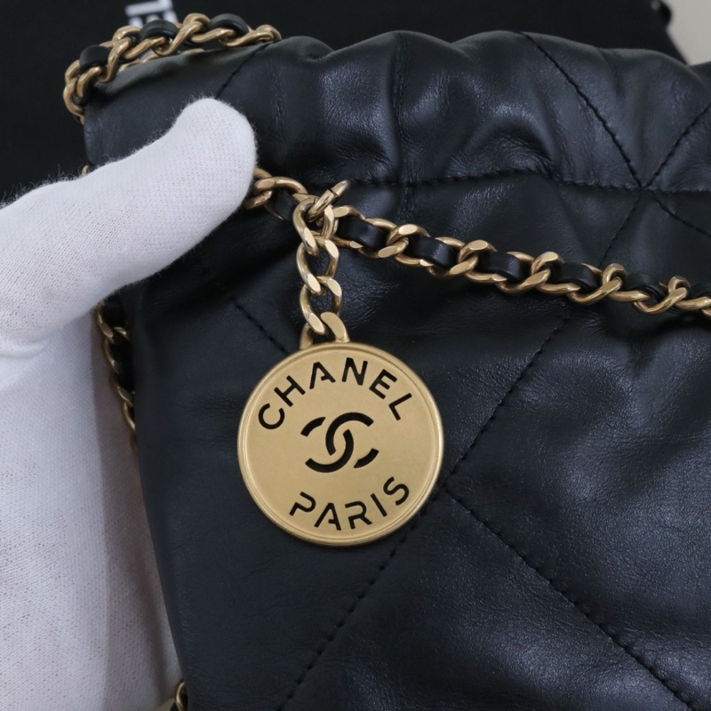 99新🆕Chanel/香奈兒22bag mini垃圾袋包 黑金牛皮單肩包斜挎包 芯片款,多種背法✅正品-4