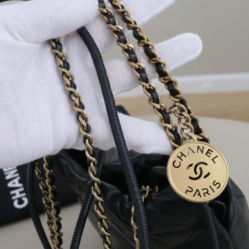 99新🆕Chanel/香奈兒22bag mini垃圾袋包 黑金牛皮單肩包斜挎包 芯片款,多種背法✅正品-7