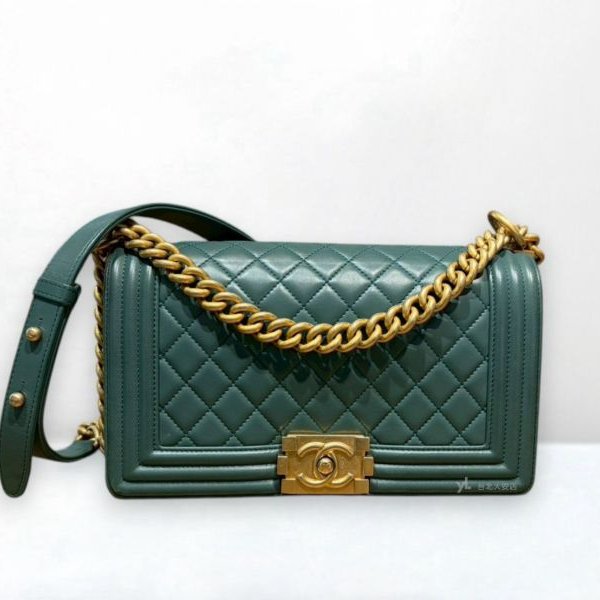 A12970-CHANEL BOY 25莫蘭迪綠菱格羊皮霧金釦口蓋包/A67086-0