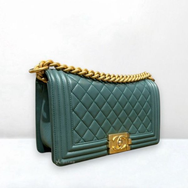 A12970-CHANEL BOY 25莫蘭迪綠菱格羊皮霧金釦口蓋包/A67086-1