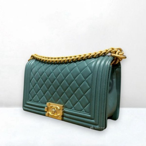 A12970-CHANEL BOY 25莫蘭迪綠菱格羊皮霧金釦口蓋包/A67086-2