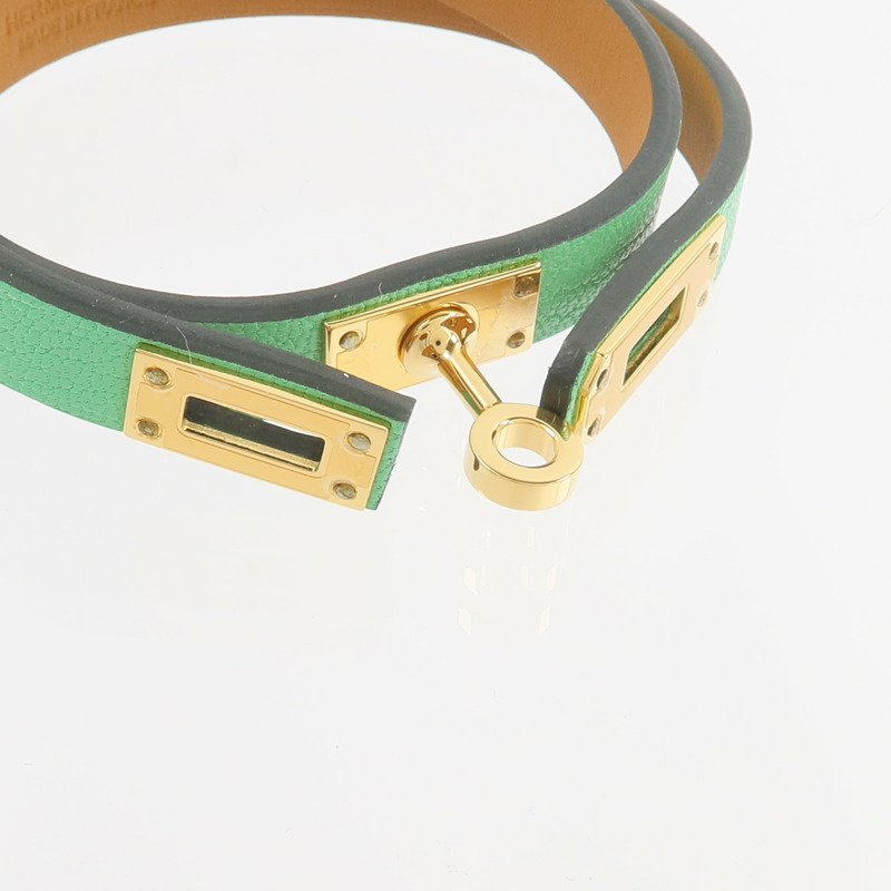 HERMES Chevre皮革Mini Kelly Double Tour手鏈Vert Comics-5