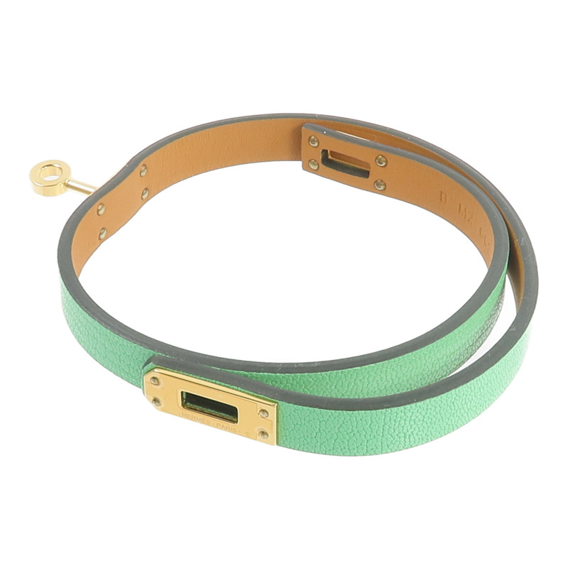 HERMES Chevre皮革Mini Kelly Double Tour手鏈Vert Comics-6