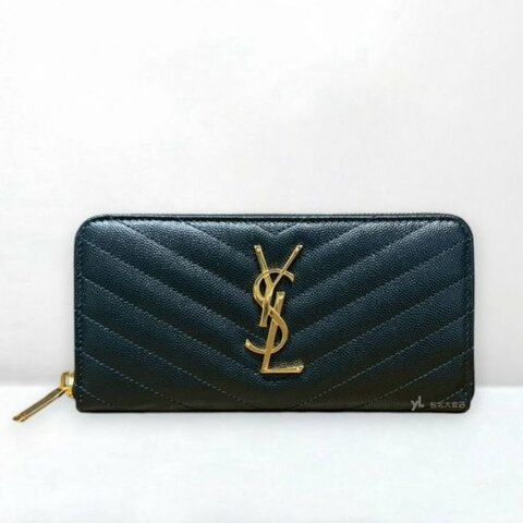 A12394-YSL 黑金粒紋牛皮山形紋ㄇ拉長夾 358094