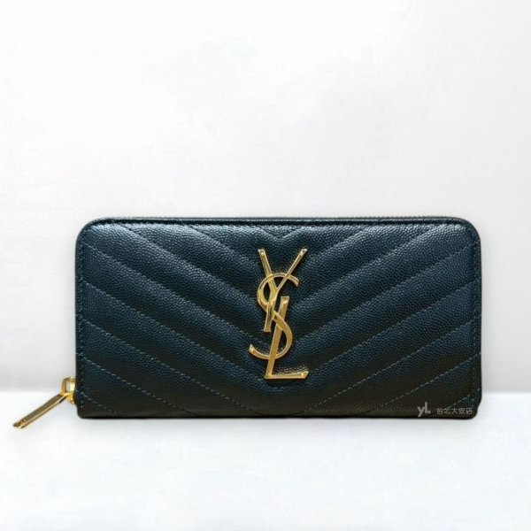 A12394-YSL 黑金粒紋牛皮山形紋ㄇ拉長夾 358094-0