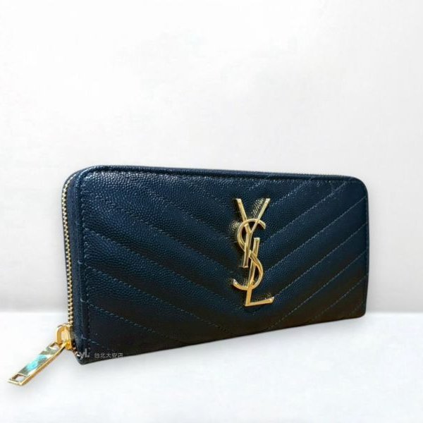 A12394-YSL 黑金粒紋牛皮山形紋ㄇ拉長夾 358094-1