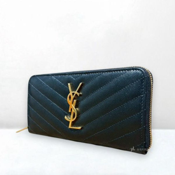 A12394-YSL 黑金粒紋牛皮山形紋ㄇ拉長夾 358094-2