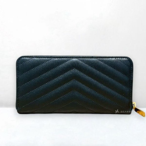 A12394-YSL 黑金粒紋牛皮山形紋ㄇ拉長夾 358094-3