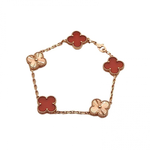 VAN CLEEF&ARPELS VintageAlhambra中號五花手鏈拼鐳射新扣18K玫瑰金/紅玉髓S-M碼