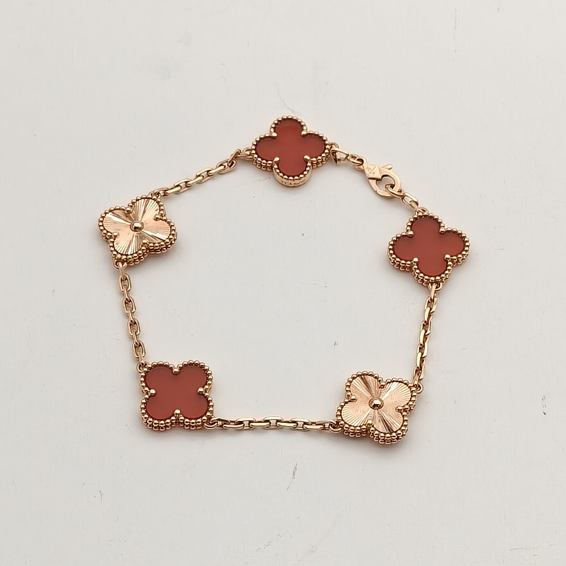 VAN CLEEF&ARPELS VintageAlhambra中號五花手鏈拼鐳射新扣18K玫瑰金/紅玉髓S-M碼-1