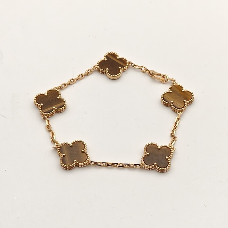 VAN CLEEF&ARPELS VintageAlhambra中號五花手鏈新扣18K黃金/虎眼石S-M碼-1