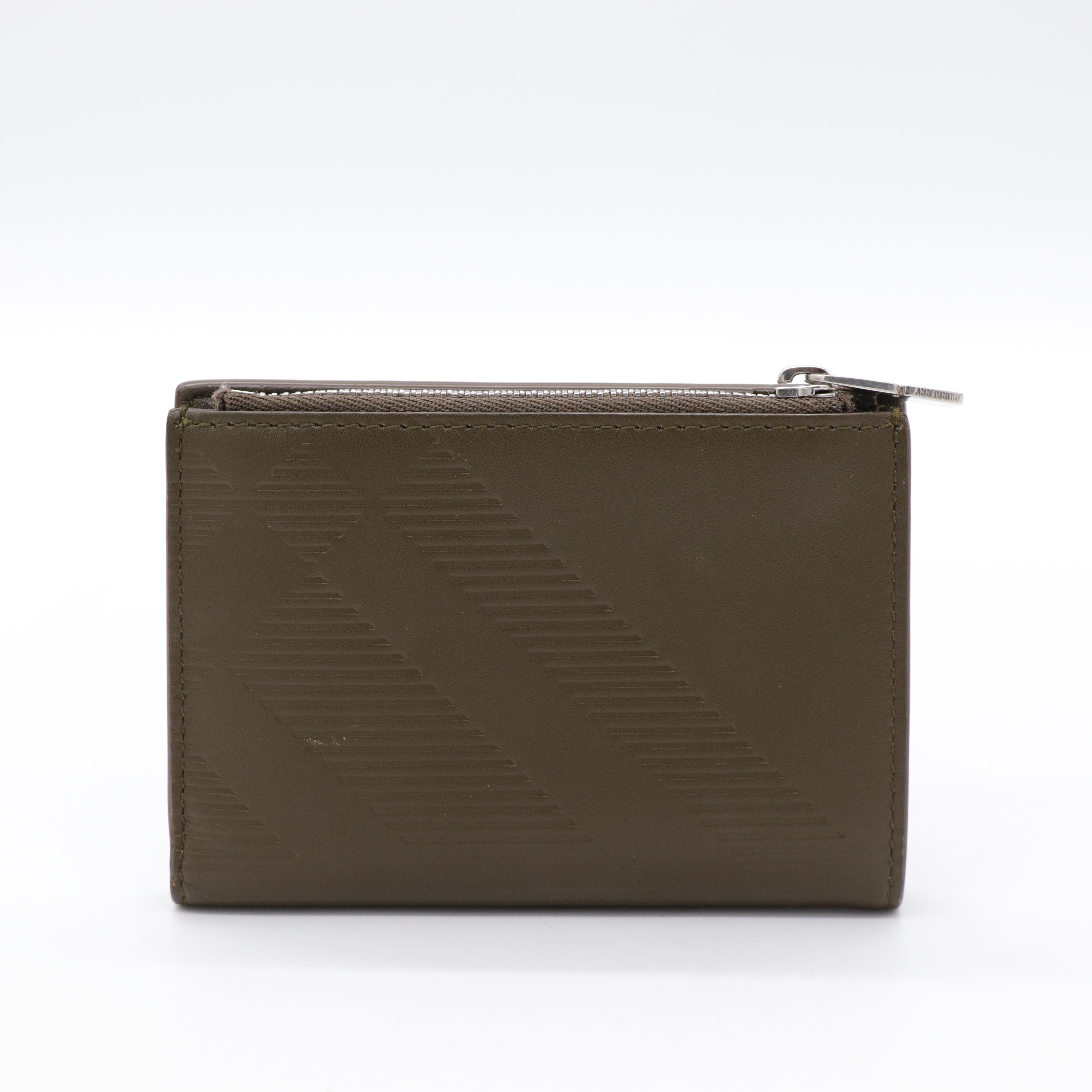 BURBERRY 墨綠色 壓紋 格紋 拉鍊折疊錢包 短夾-1