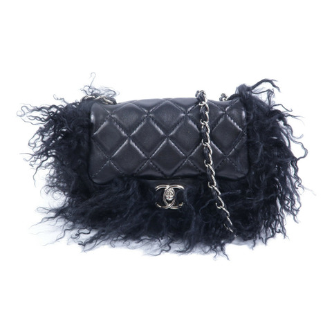 CHANEL 羊皮皮革/山羊毛Chain Shoulder鏈帶肩背袋