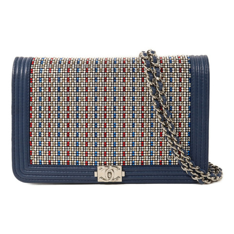 CHANEL 牛皮皮革/Strass Boy Wallet On Chain鏈帶肩背袋