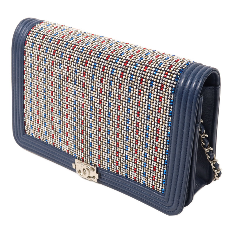 CHANEL 牛皮皮革/Strass Boy Wallet On Chain鏈帶肩背袋-2
