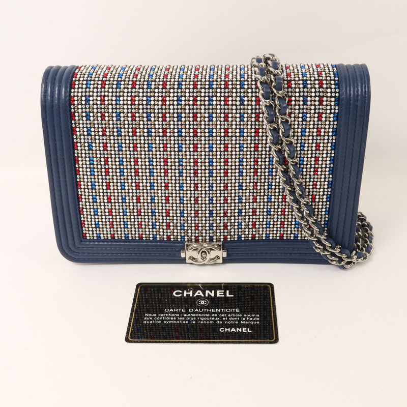 CHANEL 牛皮皮革/Strass Boy Wallet On Chain鏈帶肩背袋-10