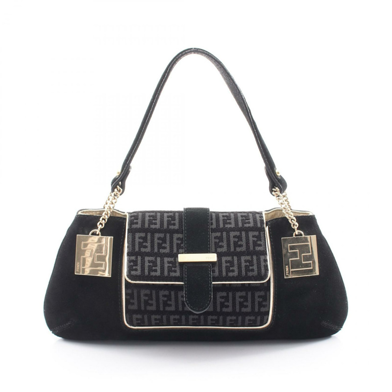 FENDI Zucchino 單肩手提包 8BR406 黑色絨面革 二手 女士-0
