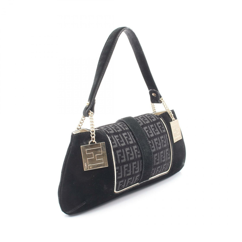 FENDI Zucchino 單肩手提包 8BR406 黑色絨面革 二手 女士-1