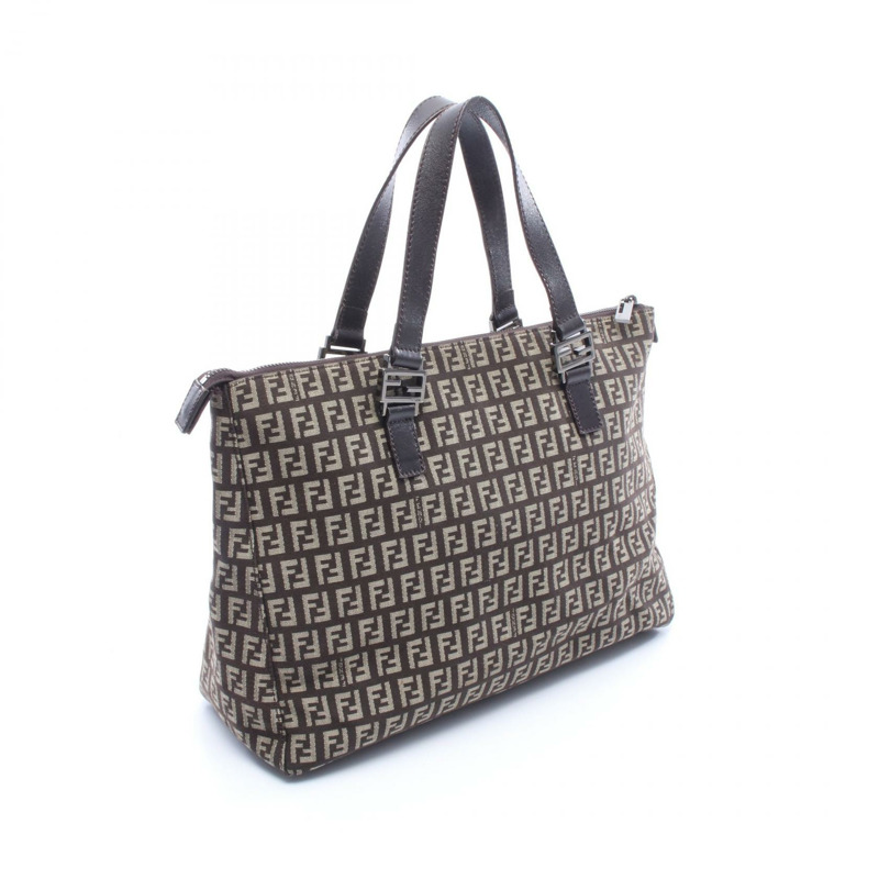 FENDI Zucchino 手提包，帆布皮革，棕色/米色，二手女款-1
