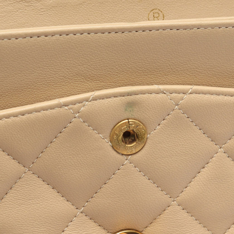香奈兒 (CHANEL) Matelasse W 翻蓋鏈條肩背包,羊皮,米色,二手,女士,金色五金,CC-6