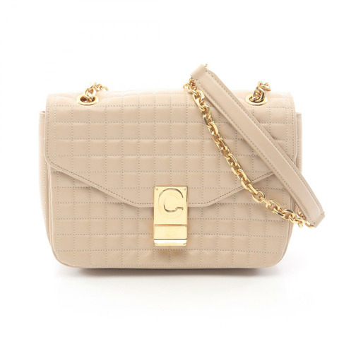 CELINE C 絎縫鏈條單肩包，米色皮革，二手，女士，金色五金